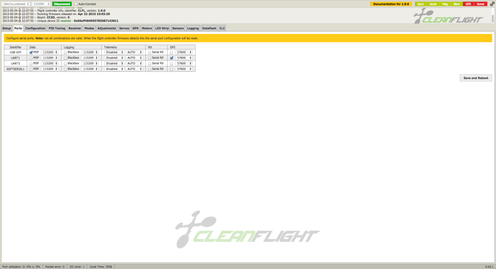 CleanFlight Gui, port configuration