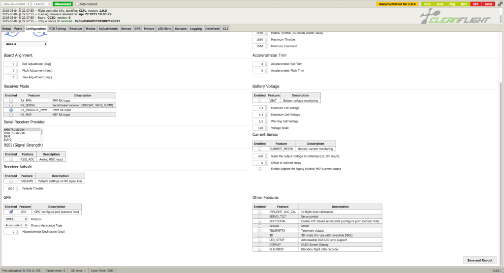 CleanFlight Gui, configuration tab